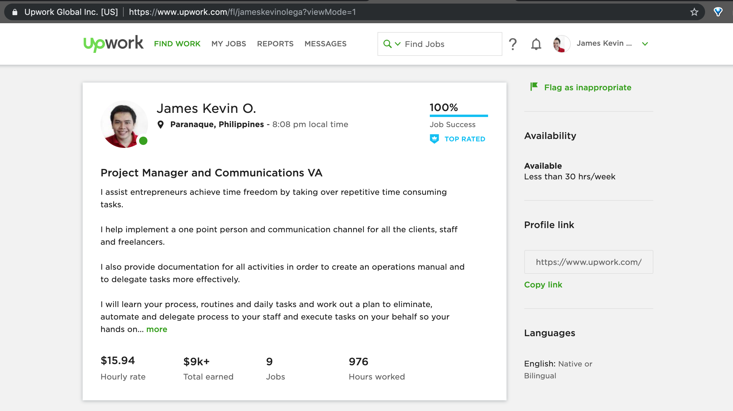 Kevin Olega Upwork profile